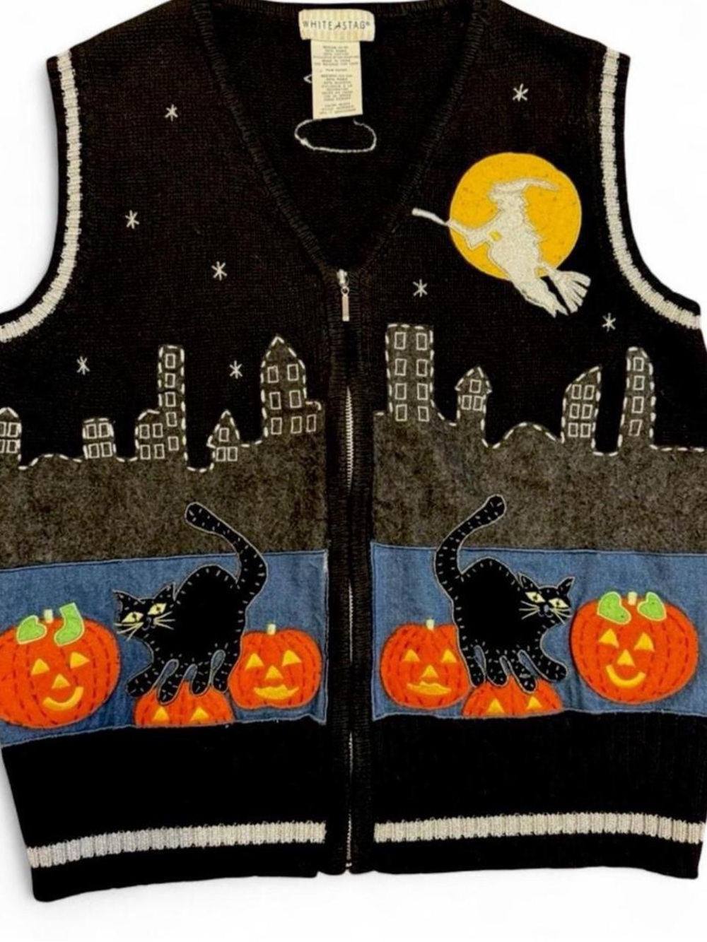 Vintage White Stag Halloween black zip sweater vest black cat pumpkins witch XL - Picture 2 of 8